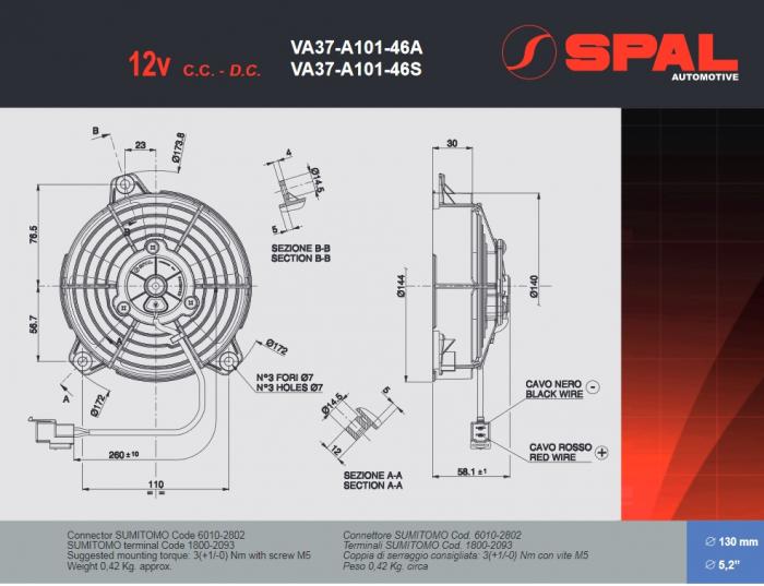 Spal Kühlerventilator VA37-A101-46S 12V 
D144-D130 T=60 / 440m³ blasend