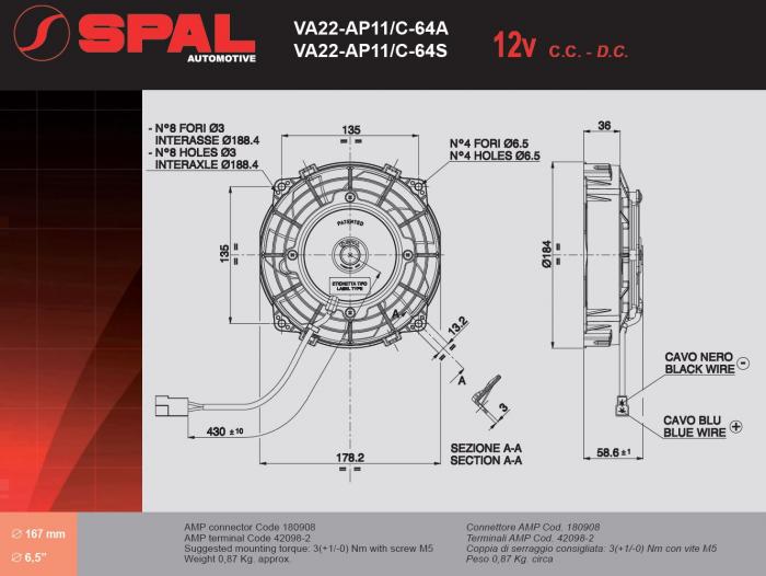 Spal Kühlerventilator 510m³ blasend 
D184-D167 T=59 / VA22-AP11/C-64S 12V