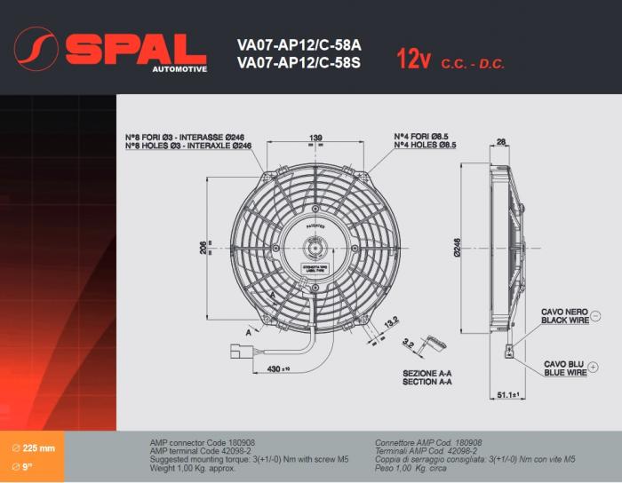 Spal Kühlerventilator 1080m³ blasend 
D247-D225 T=52 / VA07-AP12/C-58S 12V