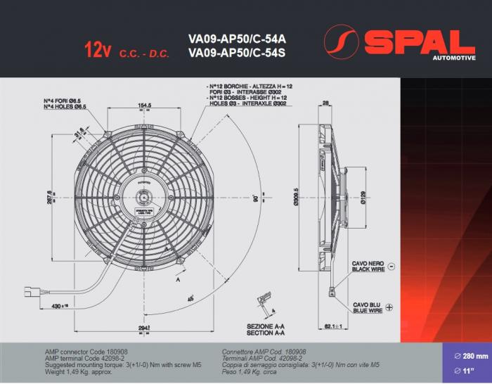 Spal Kühlerventilator 1670m³ blasend 
D310-D280 T=63 / VA09-AP50/C-54S 12V
