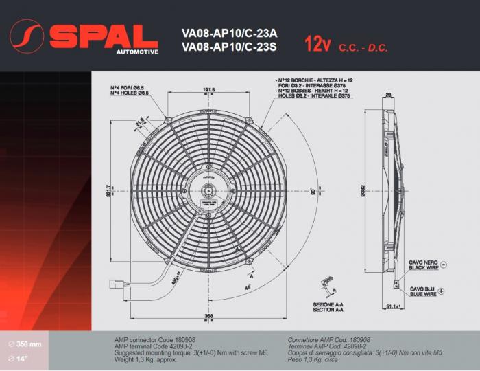 Spal Kühlerventilator 1620m³ blasend 
D382-D350 T=52 / VA08-AP10/C-23S 12V