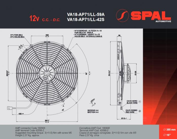 Spal Kühlerventilator 3320m³ blasend 
D414-D385 T=88 / VA18-AP71/LL-42S 12V