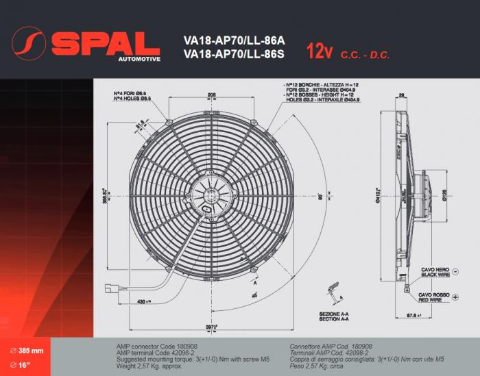 Spal Kühlerventilator 3450m³ blasend 
D414-D385 T=88 / VA18-AP70/LL-86S 12V