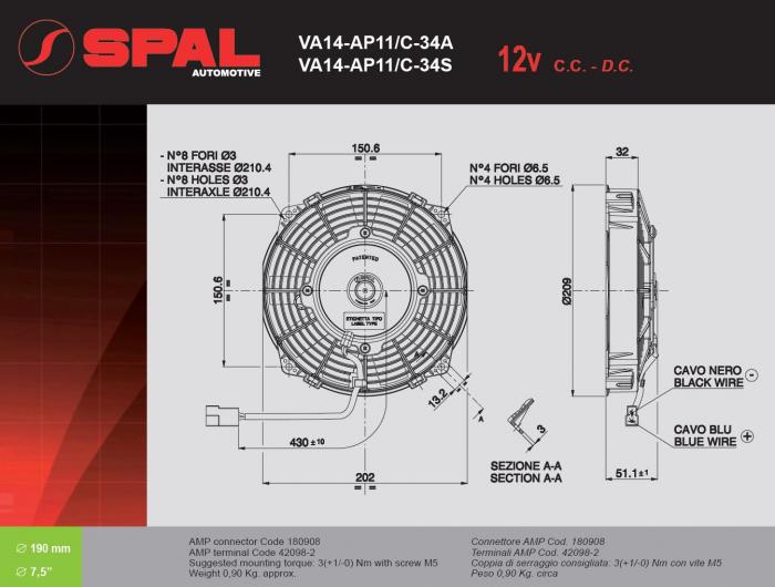 Spal Kühlerventilator 730m³ saugend 
D210-D190 T=52 / VA14-AP11/C-34A 12V