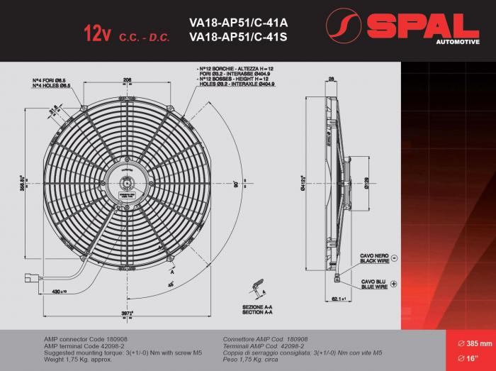 Spal Kühlerventilator VA18-AP51/C-41A 12V 
D414-D385 T=62 / 2490m³ saugend