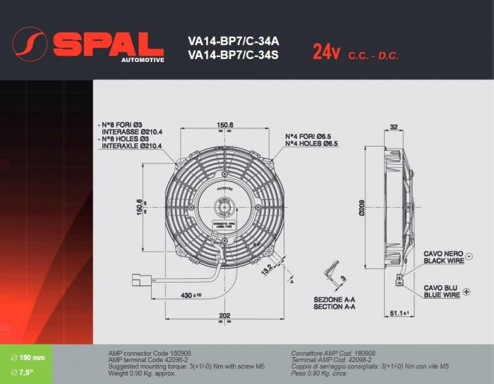 Spal Kühlerventilator 640m³ blasend 
D210-D190 T=52 / VA14-BP7/C-34S 24V