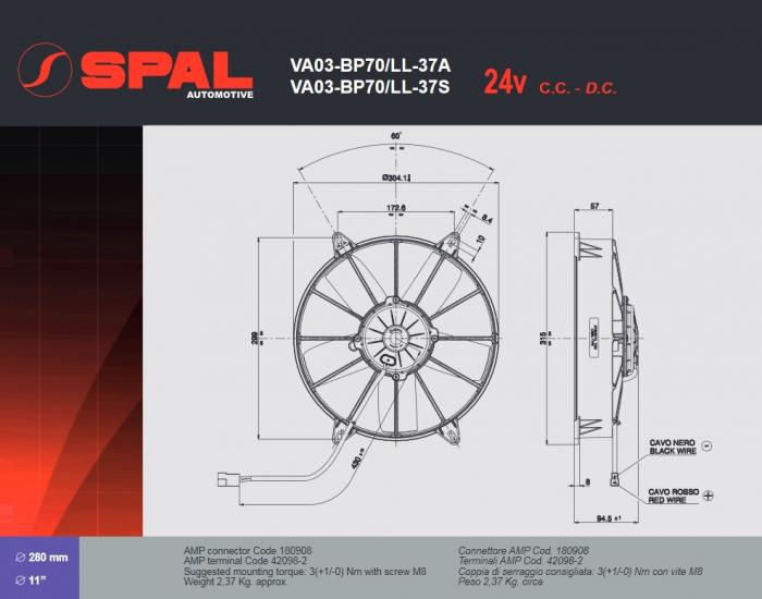 Spal Kühlerventilator 2310m³ blasend 
D314-D280 T=95 / VA03-BP70/LL-37S 24V