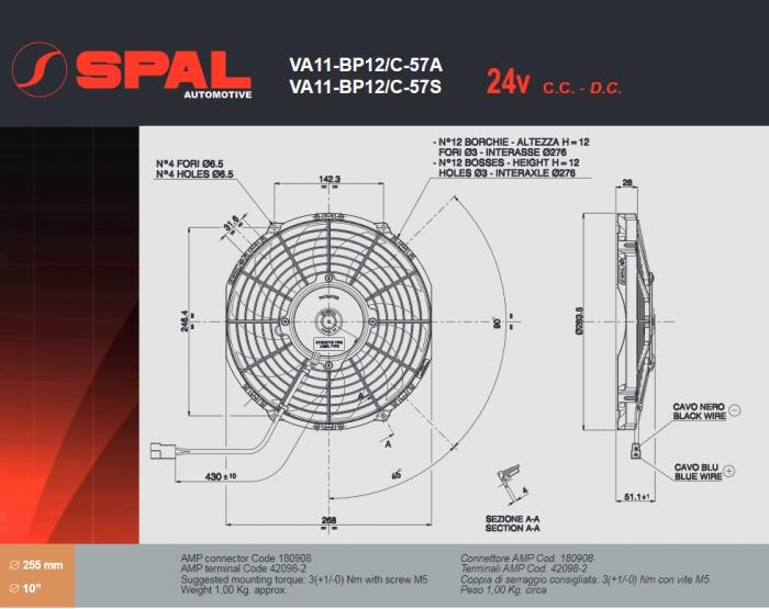 Spal Kühlerventilator 1300m³ saugend 
D284-D255 T=52 / VA11-BP12/C-57A 24V