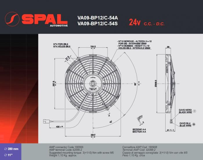 Spal Kühlerventilator 1600m³ saugend 
D310-D280 T=52 / VA09-BP12/C-54A 24V