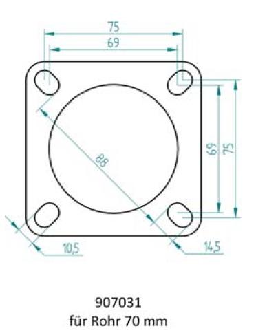 Powersprint Quadrat-Flansch 4-Loch 
70 mm Ø Rohrausschnitt