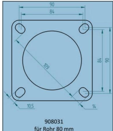 Powersprint Quadrat-Flansch 4-Loch 
80 mm Ø Rohrausschnitt