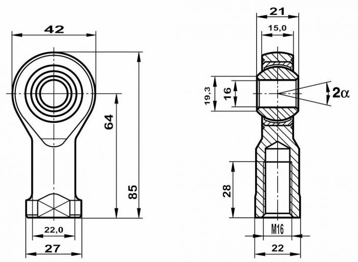 Fluro Hochleistungs Gelenkkopf GIXSW M16 MS 
  Lager vorgespannt